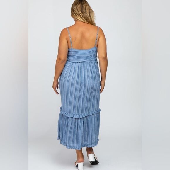 Pinkblush David & Dani Blue Striped Button Front Plus Maternity Midi Dress 2X - Picture 3 of 10